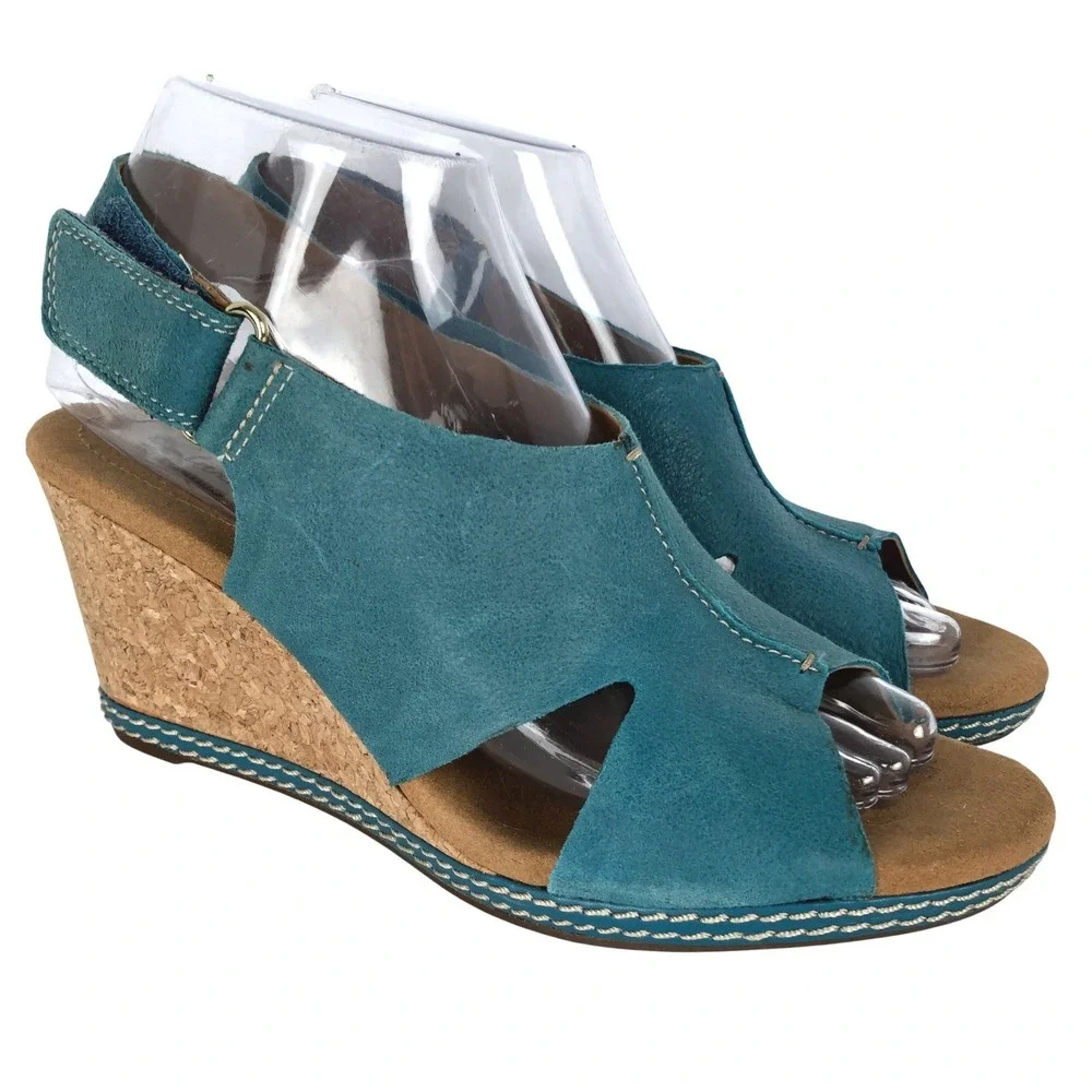 CLARKS COLLECTION Suede Cork Wedge Sandals Women's 7.5M 26108747